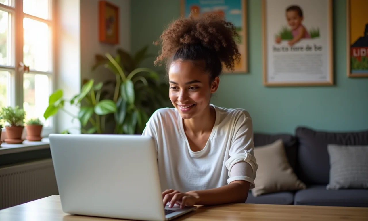 Adolescente grávida estudando em casa com um laptop, em um ambiente decorado com estilo brasileiro.