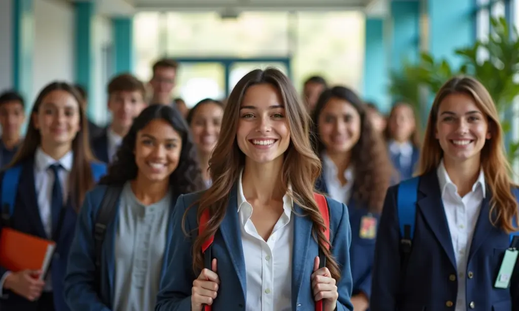 Alunos diversos em ambiente escolar moderno, simbolizando a escolha entre escola pública e particular.