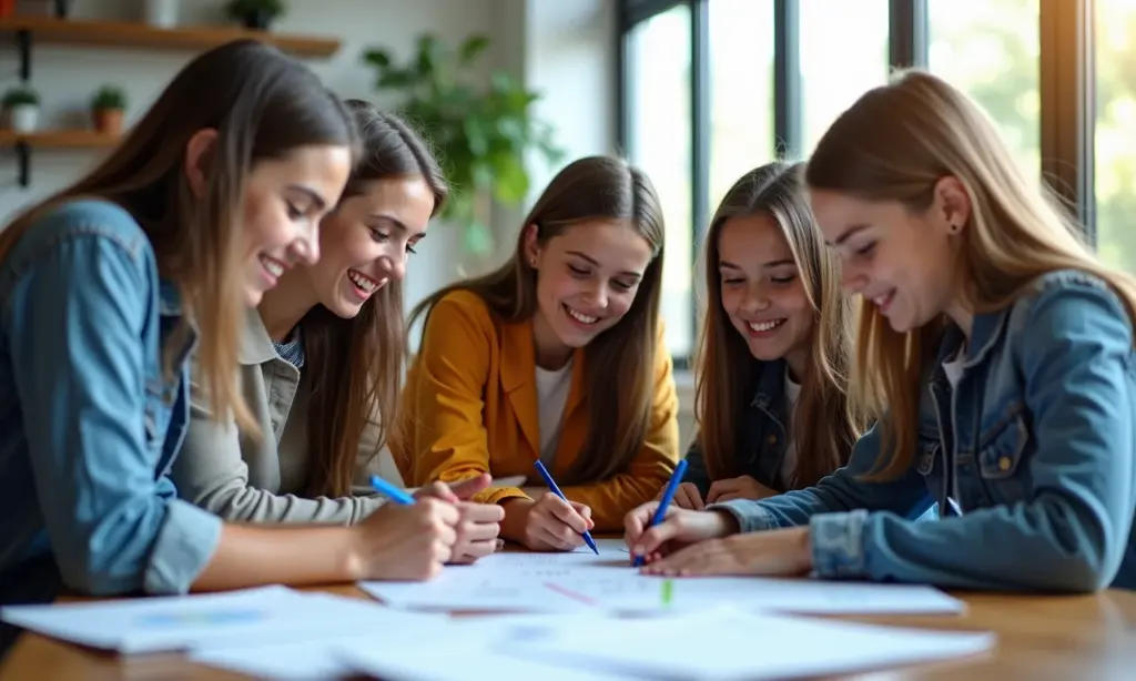 Alunos do ensino médio colaborando em projeto escolar.