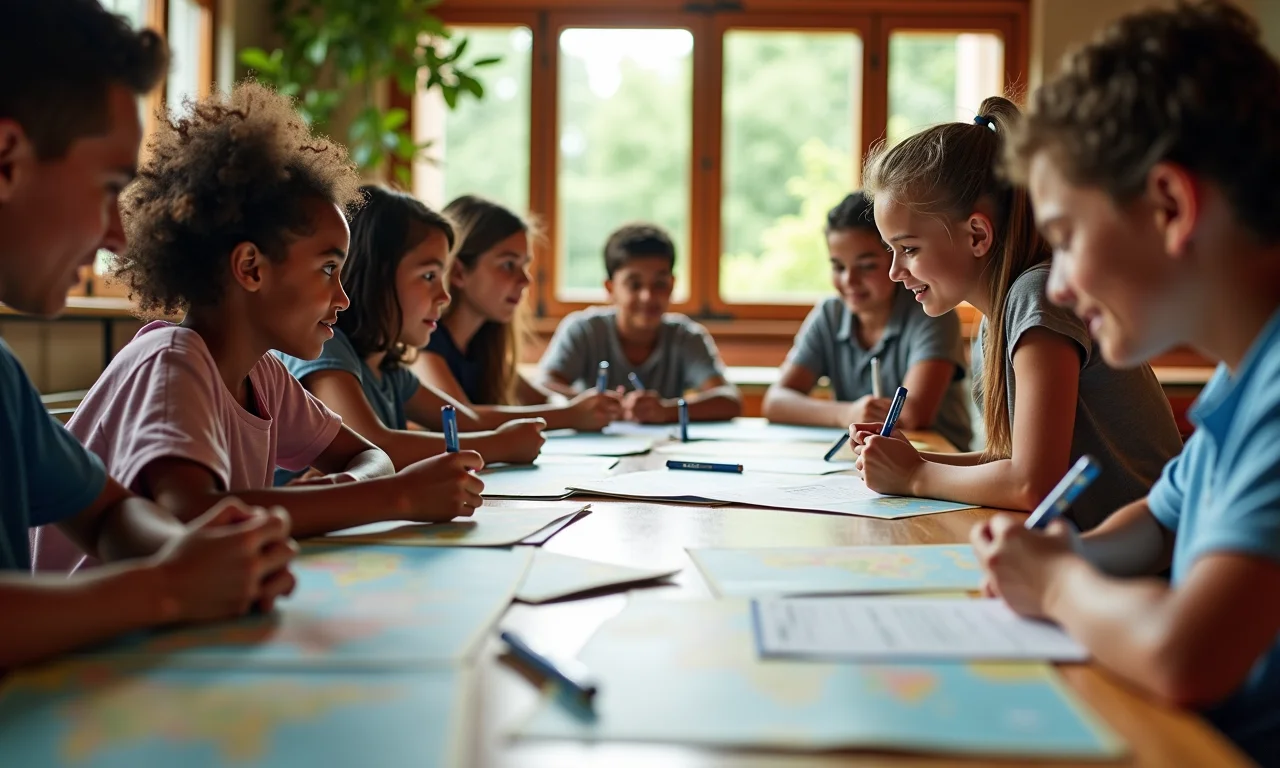Alunos planejando itinerários formativos com mapas e guias.