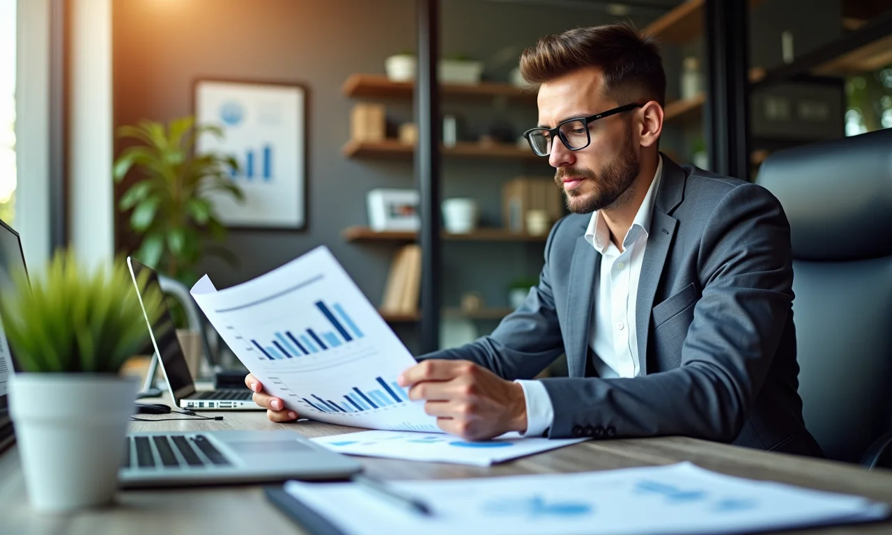 Analista financeiro revisando documentos de desempenho financeiro de empresa.