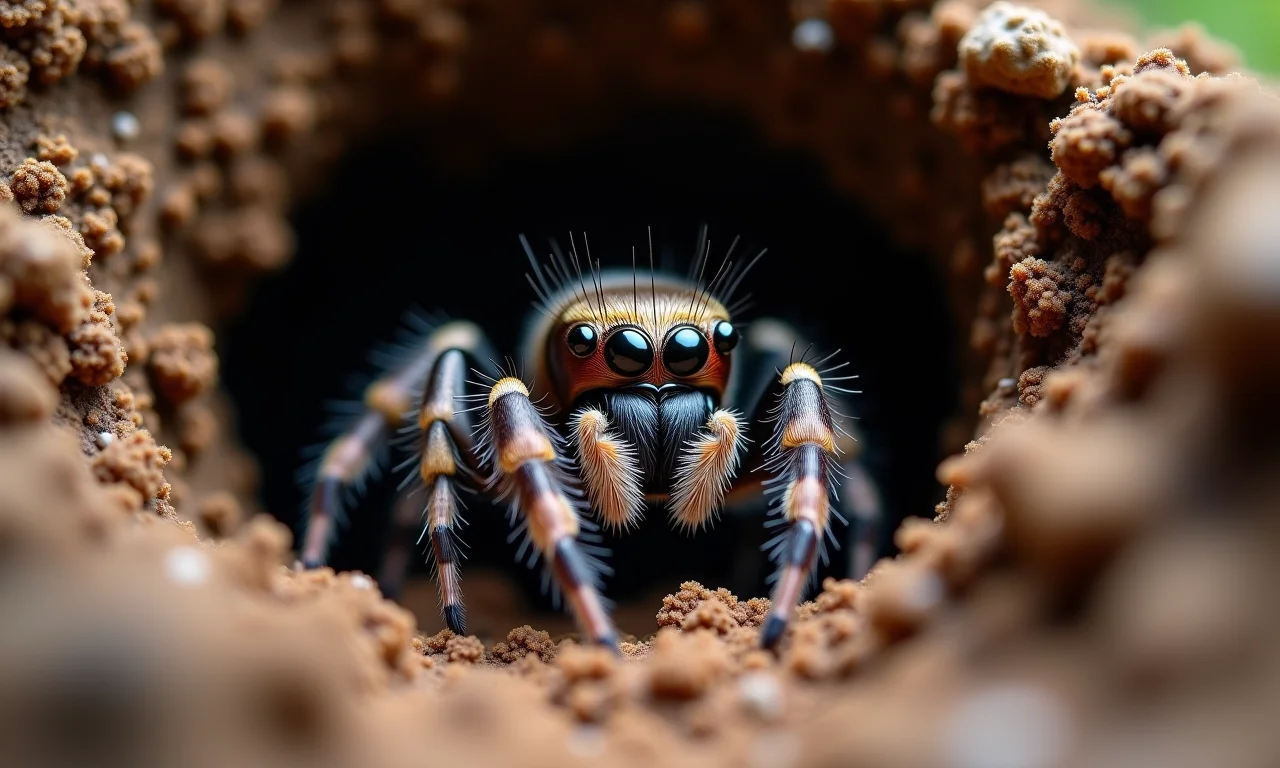 Aranha-de-alçapão abrindo sua toca camuflada.