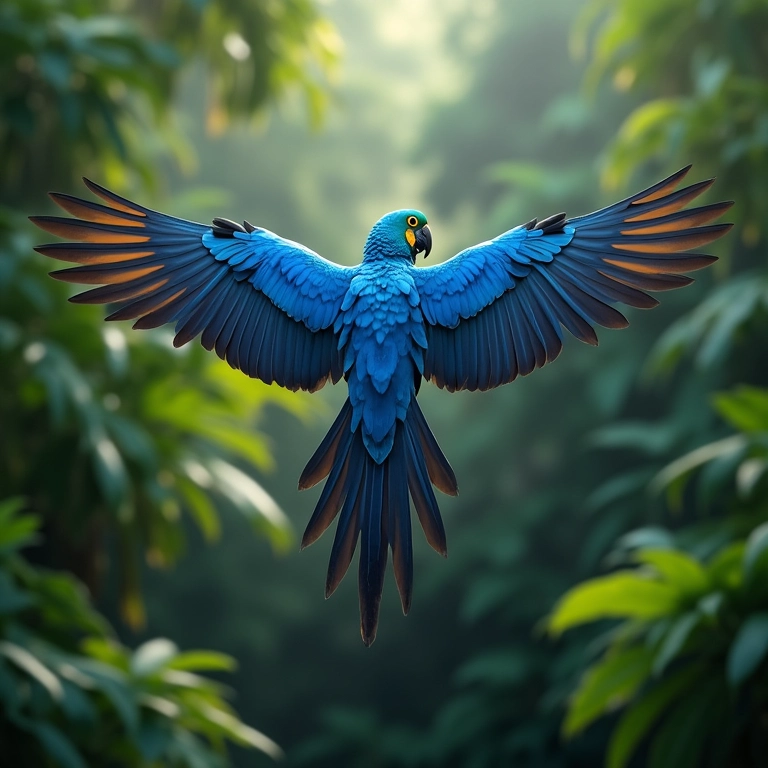 Arara-azul voando sobre a floresta amazônica, exibindo suas cores vibrantes.