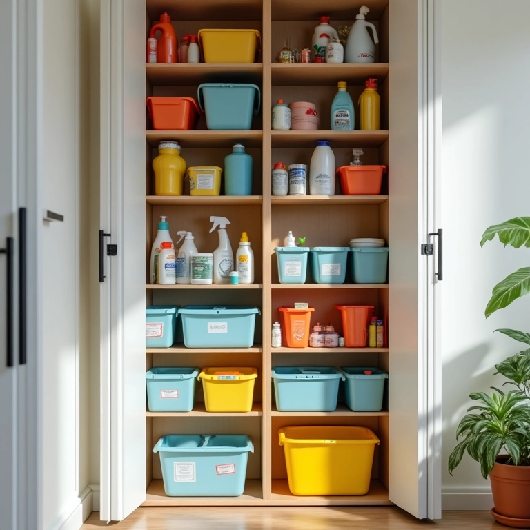 Organizar Material de Limpeza: 10 Dicas Infalíveis Armário de limpeza organizado com produtos coloridos e iluminação natural.