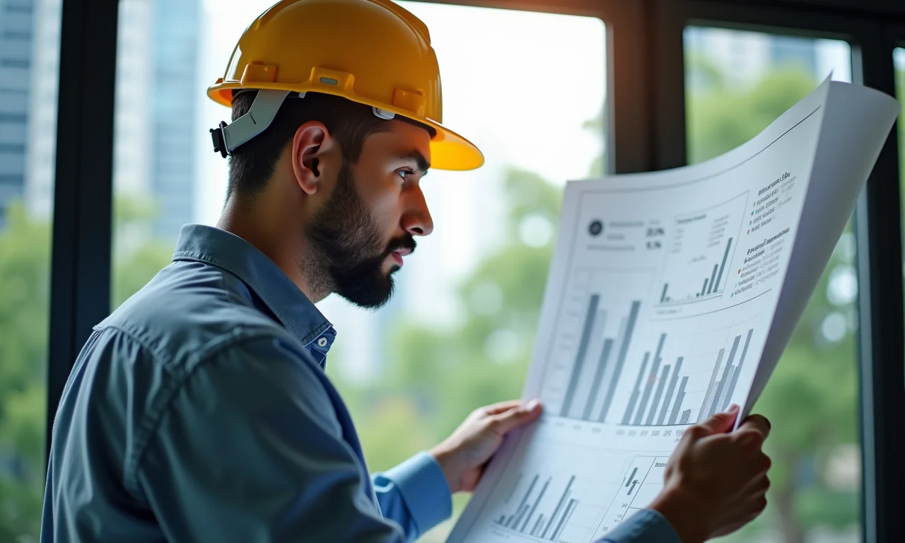 Arquiteto brasileiro revisando plantas com dados financeiros sobrepostos, mostrando os ativos da empresa.