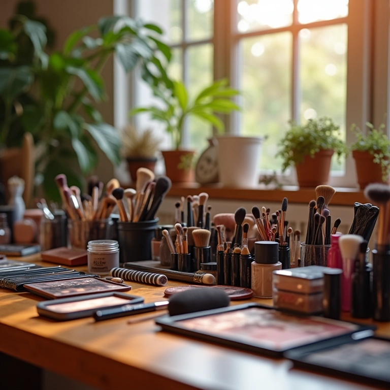 Bancada organizada com produtos de maquiagem em studio.