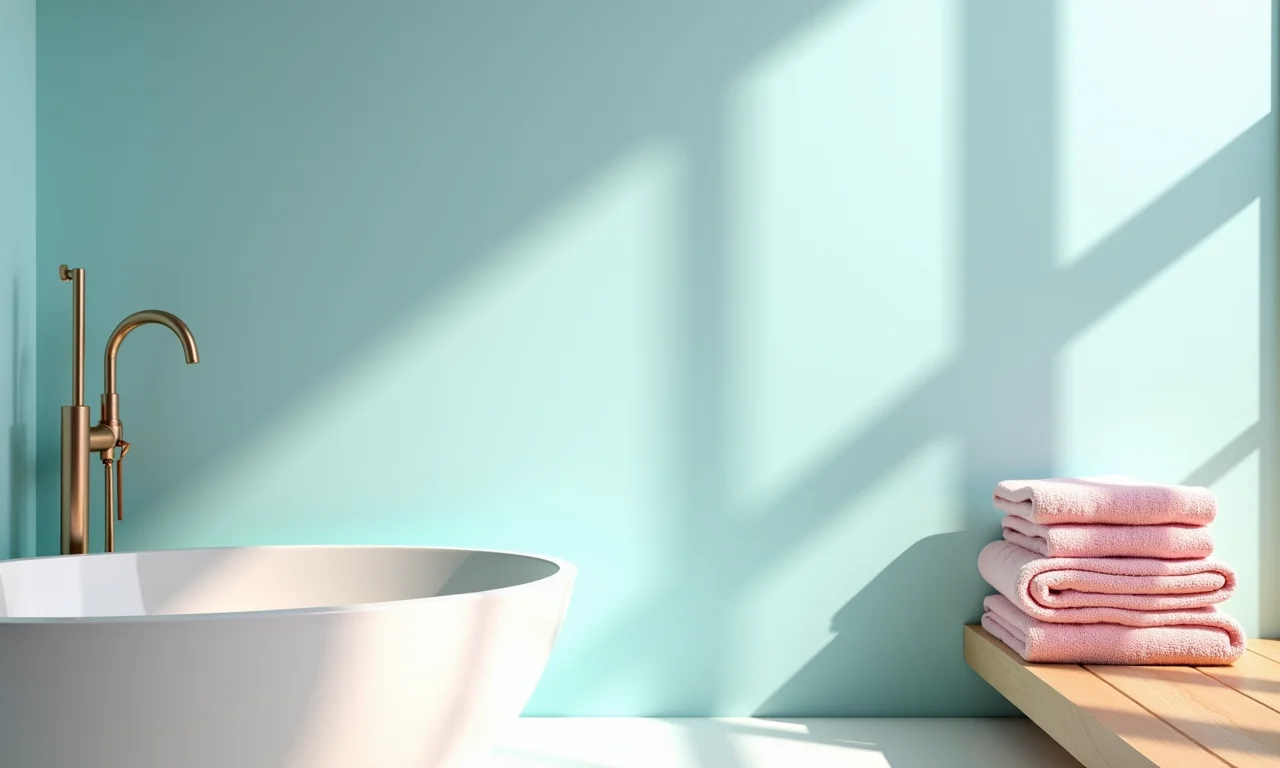 Banheiro com cores relaxantes para um ambiente de spa em casa.