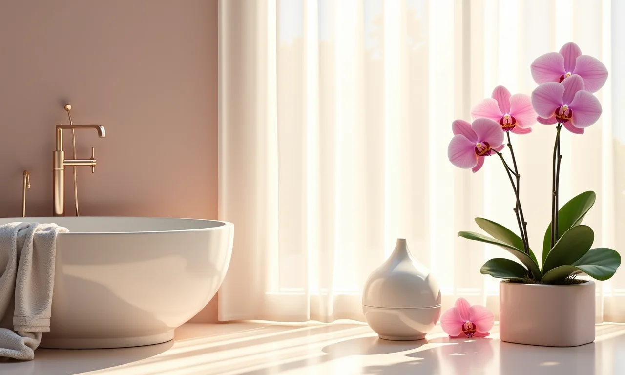 Banheiro zen com cores relaxantes e orquídeas.