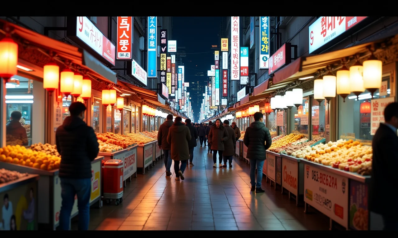 Barracas de comida de rua em Myeongdong, com mercado movimentado e luzes de neon.