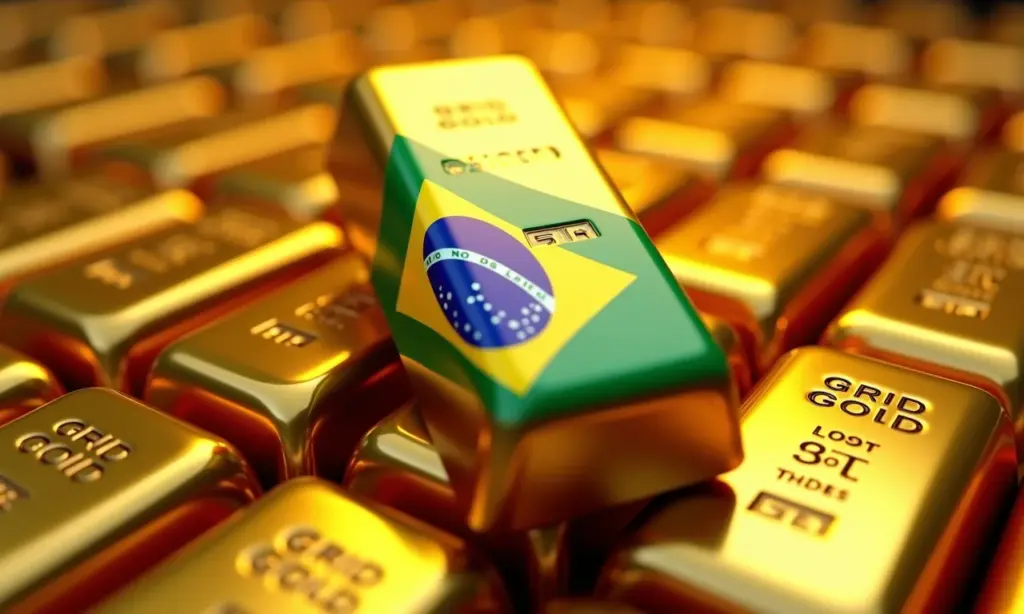 Barras de ouro com reflexo da bandeira brasileira, representando investimento em ouro.