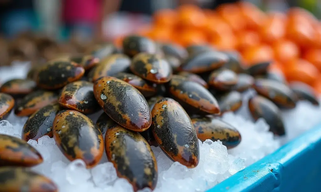 Berbigão fresco exposto no gelo em um mercado de peixes vibrante no Brasil.