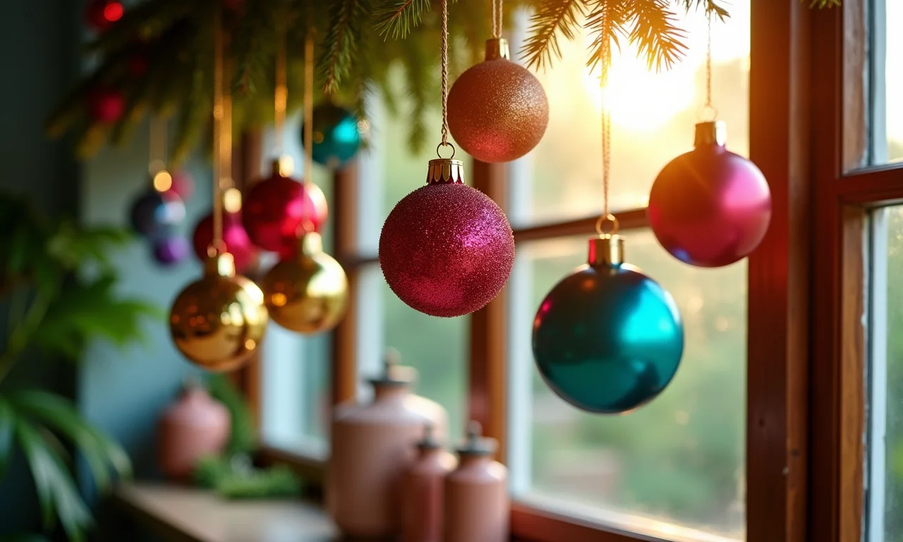 Bolas de Natal coloridas penduradas em uma janela com decoração brasileira.