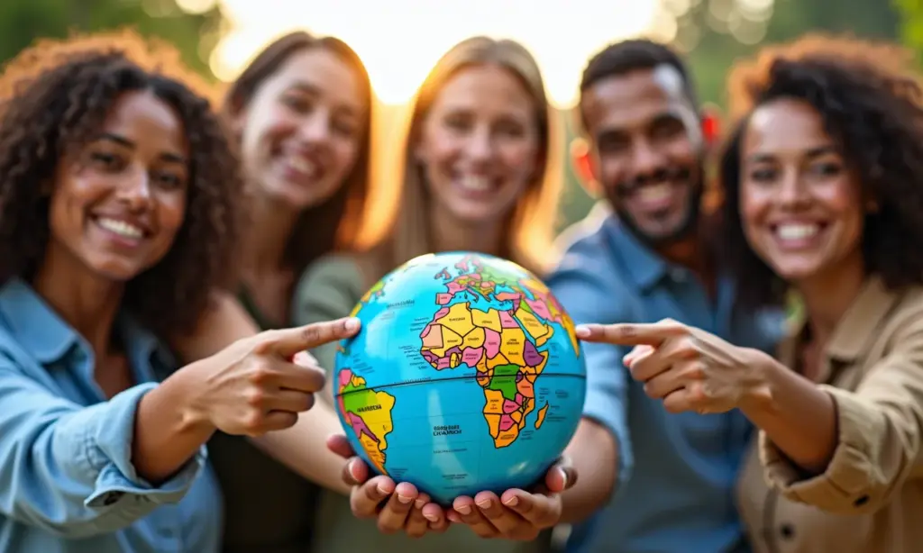 Brasileiros felizes investindo globalmente, representando crescimento financeiro.