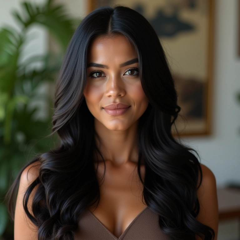 Cabelo longo em camadas alongando rosto redondo, mulher morena.