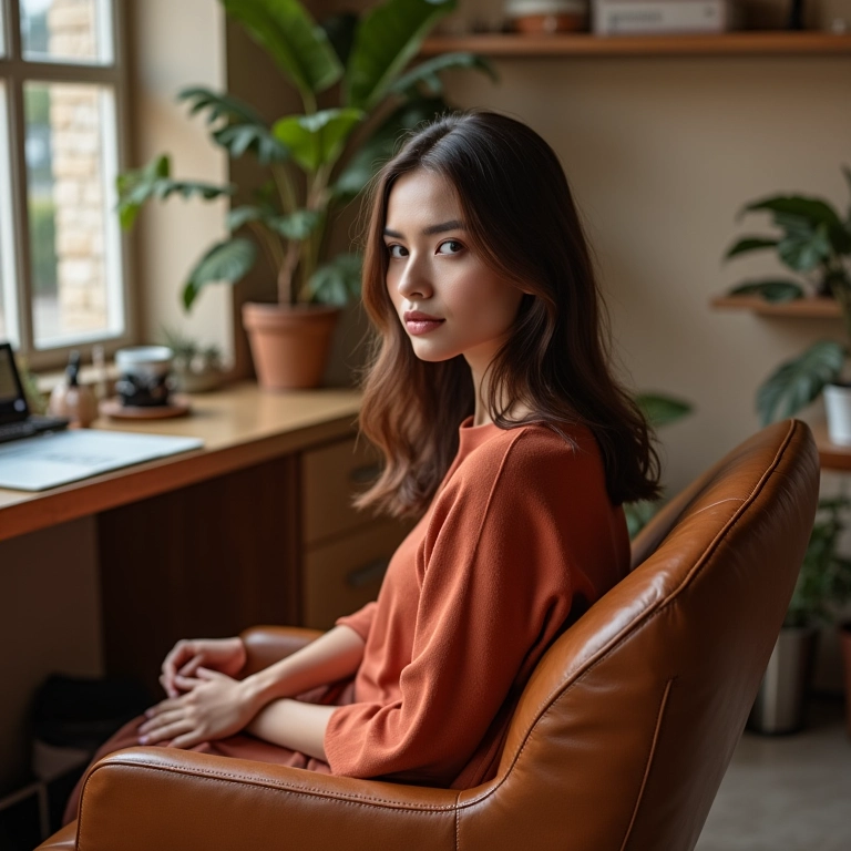 Cadeira confortável para cliente em studio de maquiagem.