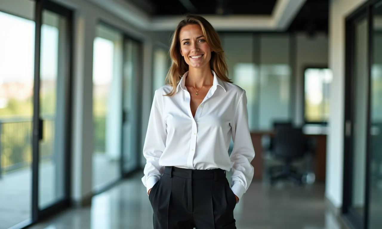 Calça de alfaiataria preta combinada com camisa branca em ambiente de escritório.