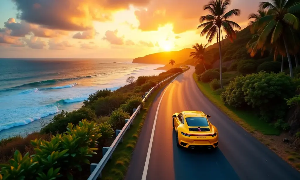 Carro amarelo dirigindo em estrada costeira brasileira ao pôr do sol.