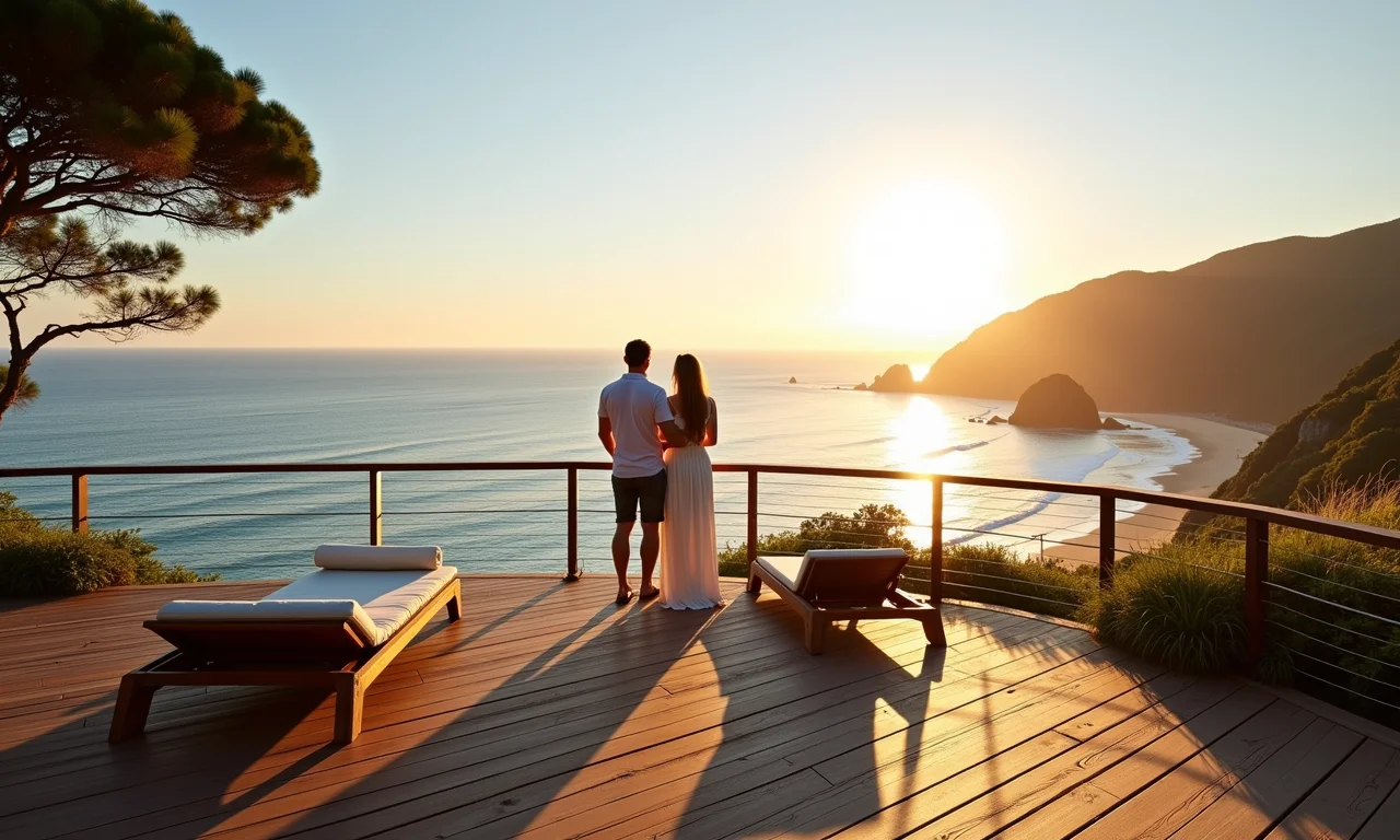 Casal apreciando a vista da Praia do Rosa, um refúgio sofisticado em meio à natureza exuberante de Santa Catarina.
