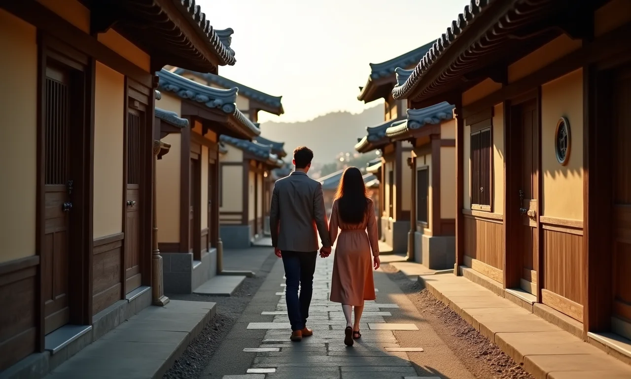 Casal caminhando pelas ruas de Bukchon Hanok Village, admirando as casas tradicionais.