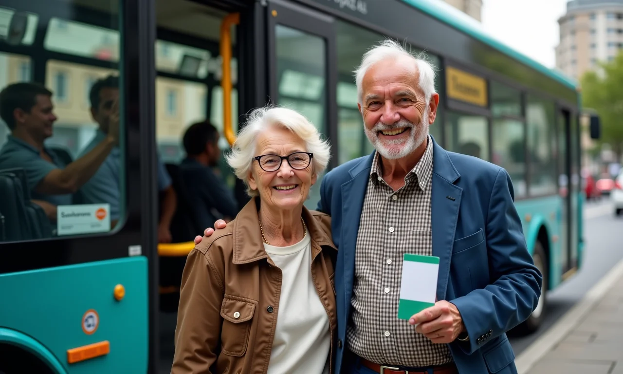 Casal de idosos brasileiros embarcando em ônibus com passe livre.