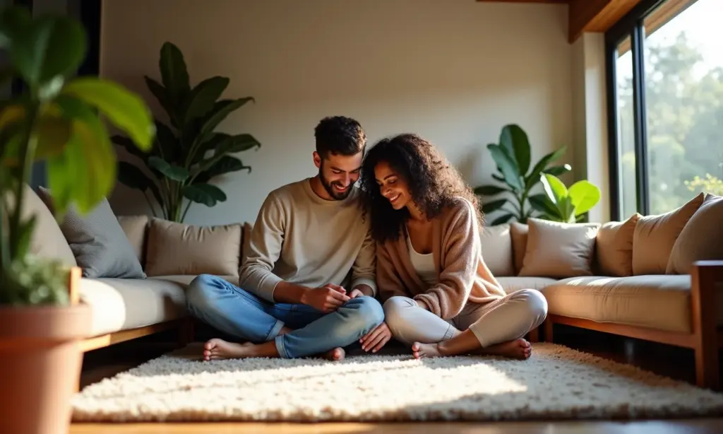 Como Escolher Tapete: O Guia Completo de Tamanho e Fio Casal escolhendo tapete em sala de estar aconchegante com decoração brasileira.