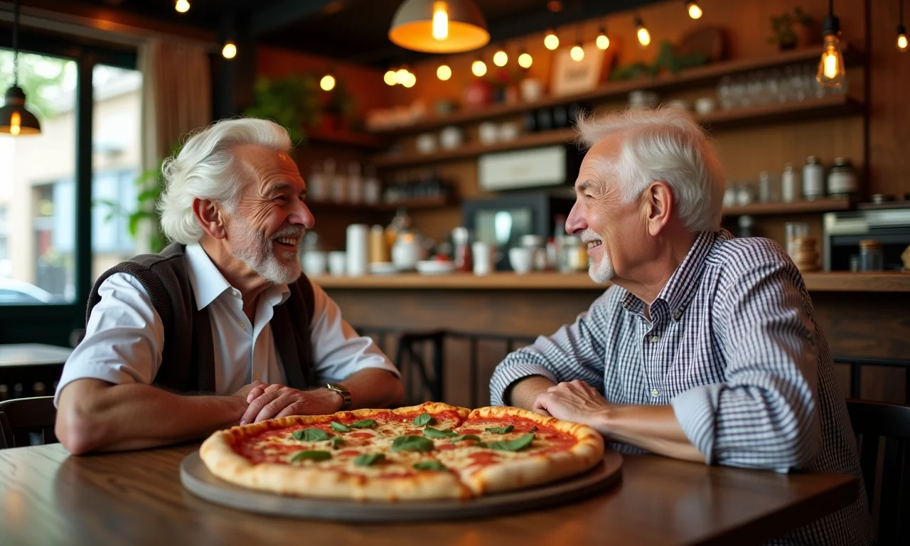 Casal maduro saboreando pizza em ambiente aconchegante da Carlos Pizza, com decoração charmosa.