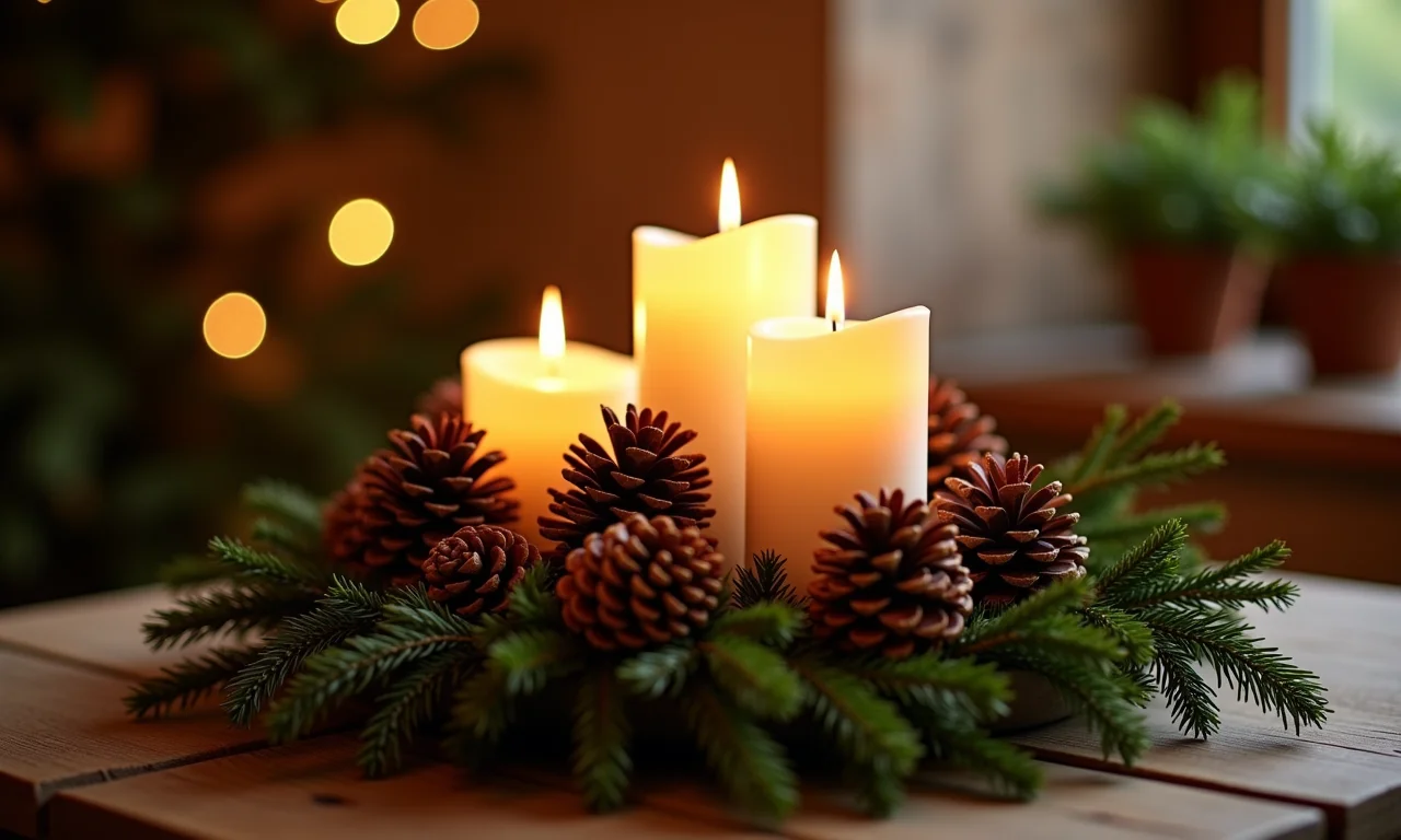 Centro de mesa de Natal com pinhas e velas, iluminação quente.