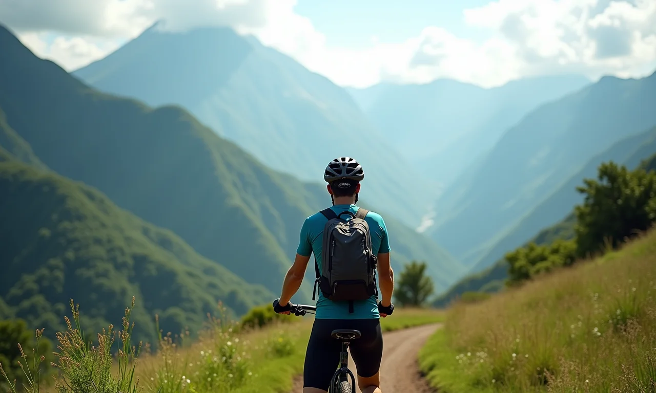 Ciclista admirando vista panorâmica durante viagem de bike.