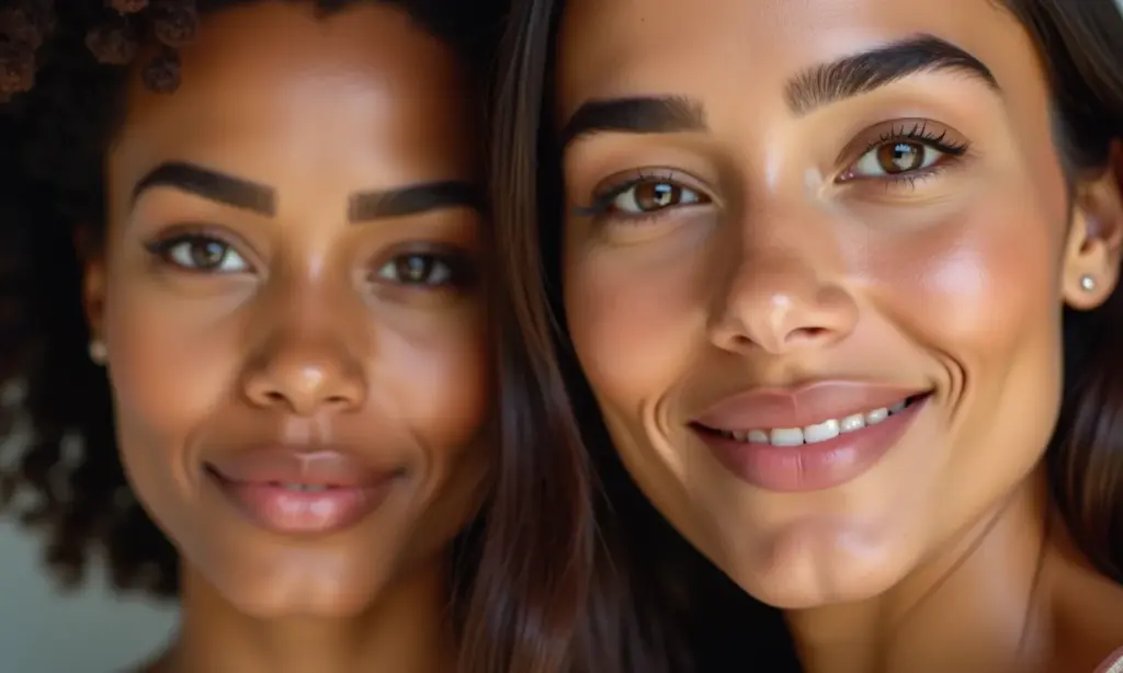 Tendência de sobrancelhas para 2025: natural ou marcada Close-up mostrando diferentes estilos de sobrancelhas: natural e marcada, em mulheres diversas.