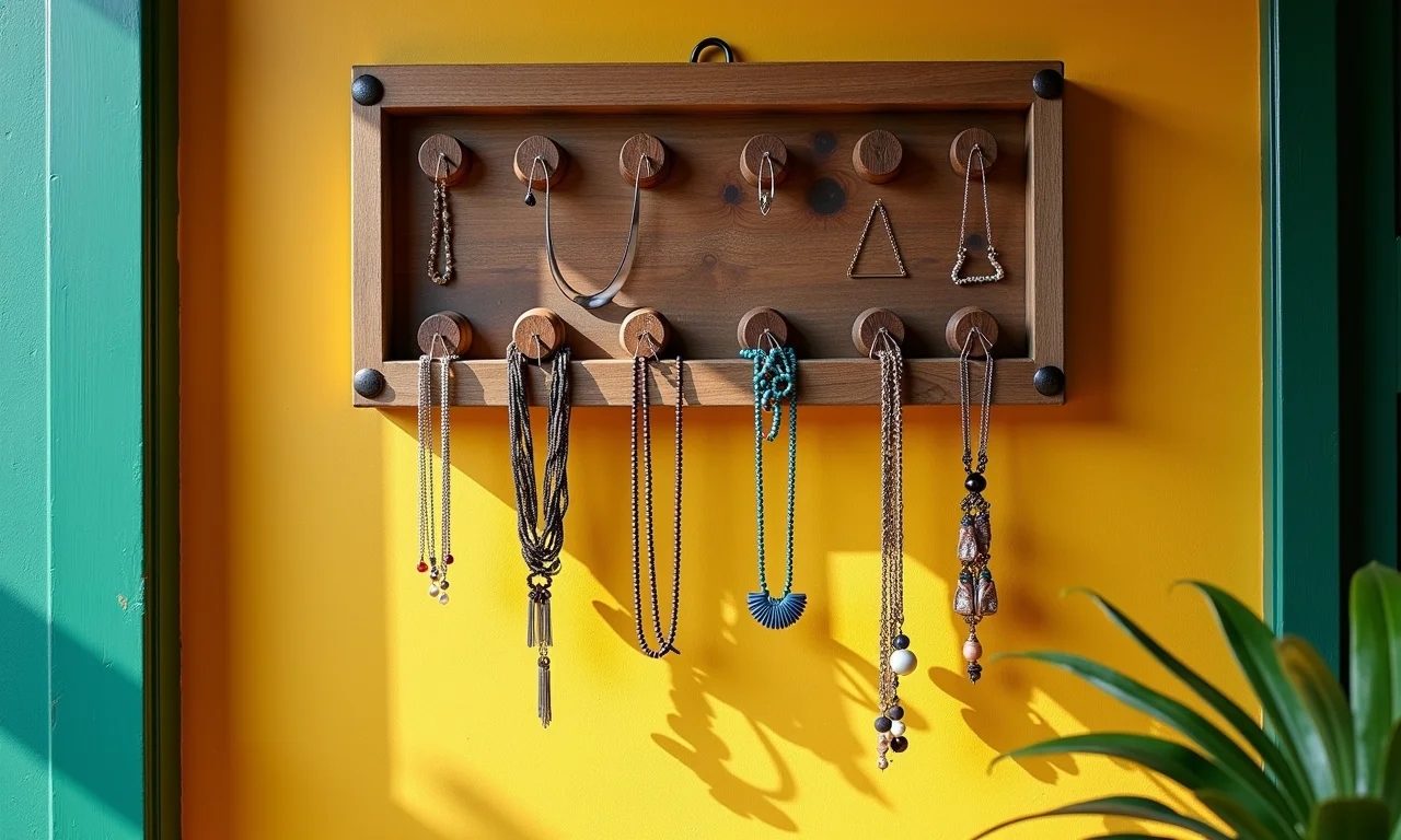 Colares organizados em cabideiro de parede decorativo.