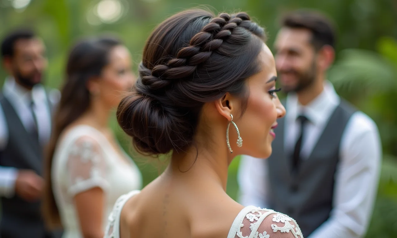 Coque baixo com torcidos para madrinha em casamento brasileiro.