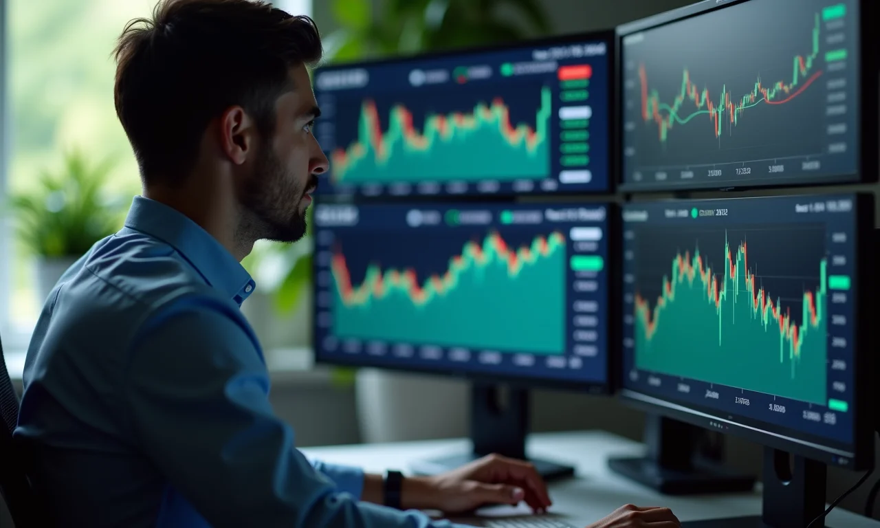 Corretor de ações comparando empresas em múltiplas telas com gráficos de dados.