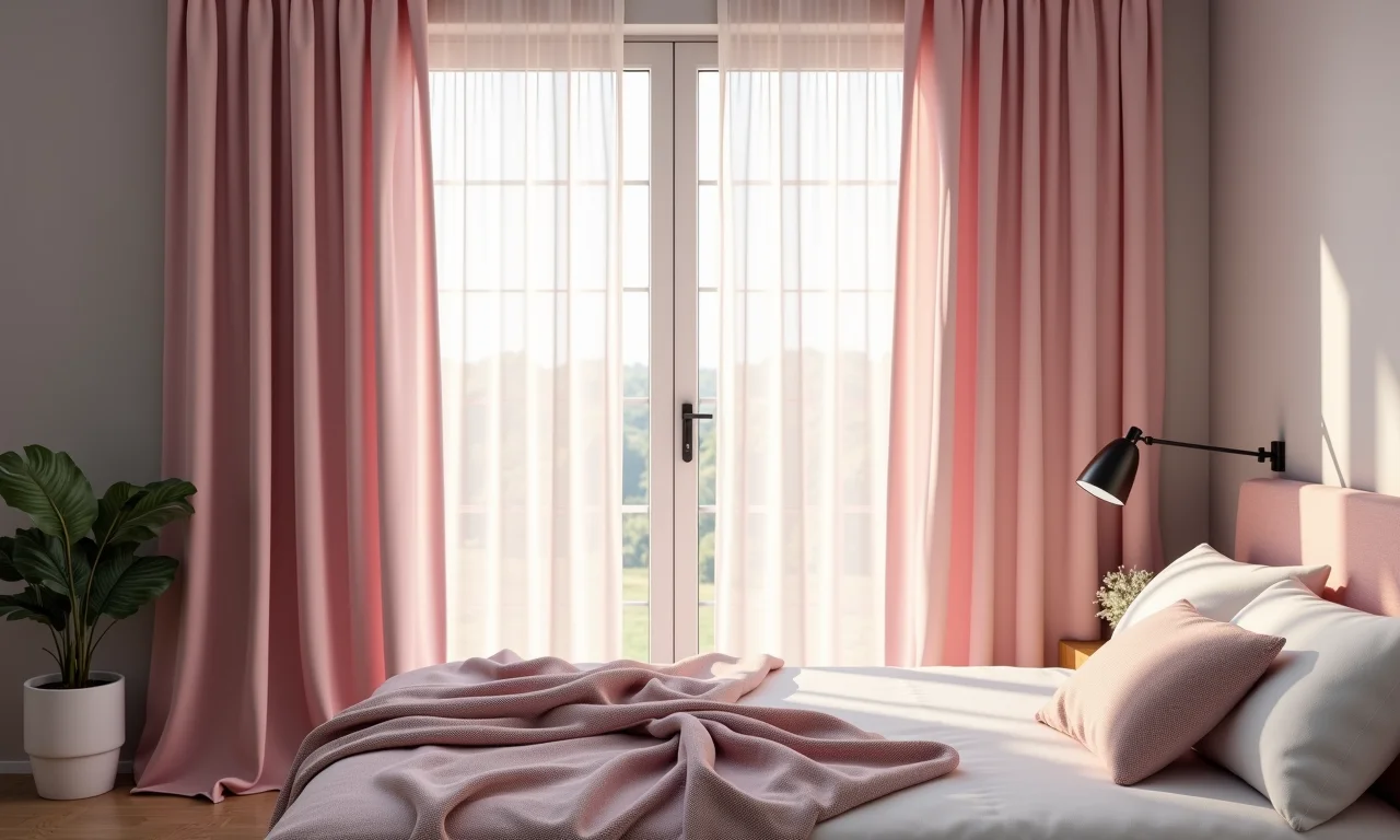 Cortinas leves e delicadas em um quarto cinza e rosa, filtrando a luz natural.