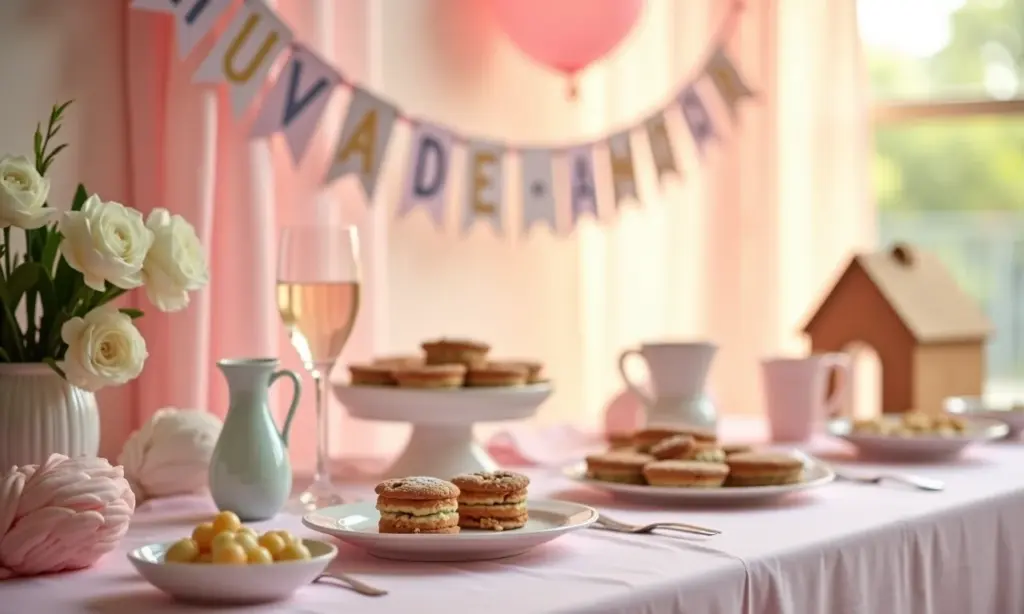 Decoração delicada de festa Chuva de Amor em tons pastel, com banner temático.