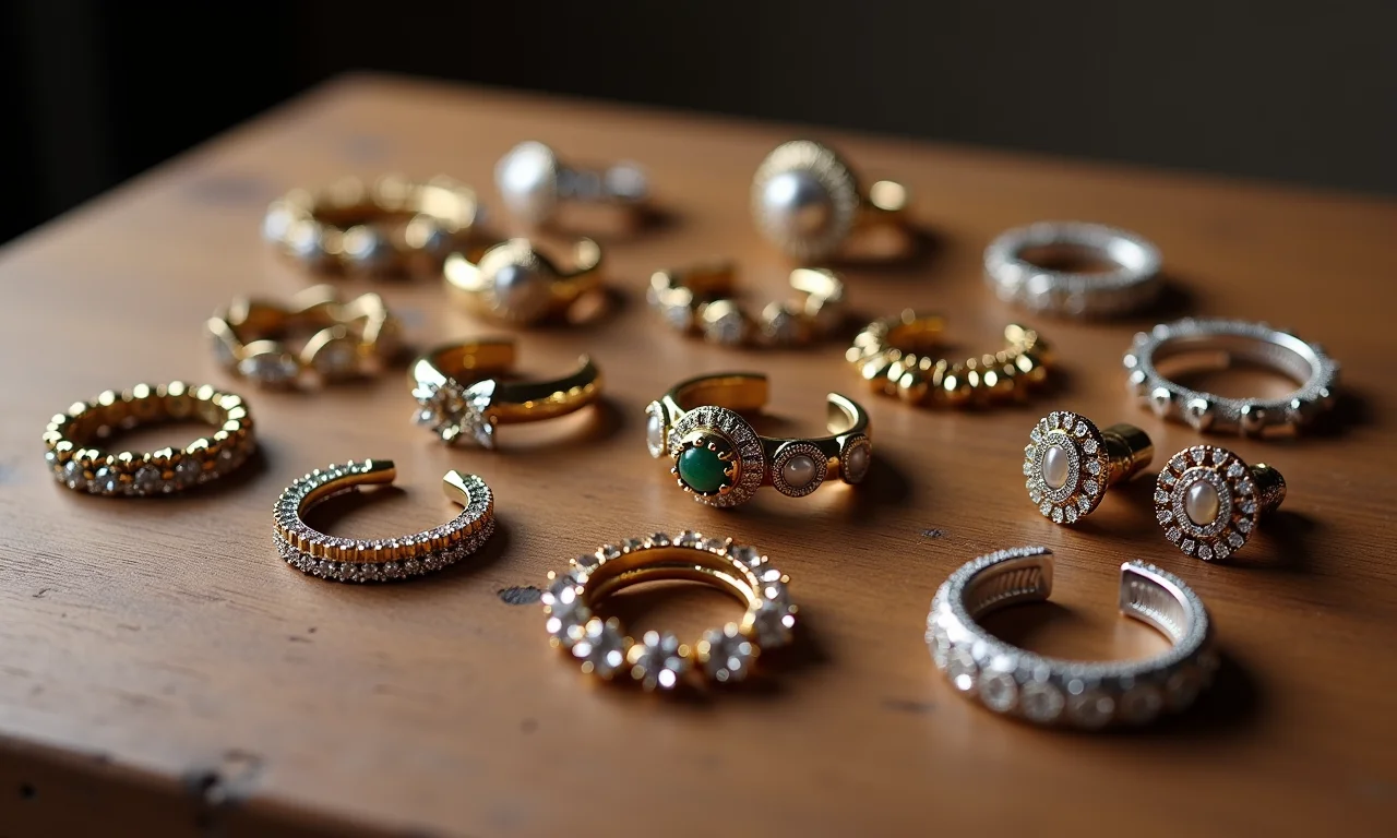 Diversos modelos de ear cuffs expostos em uma superfície de madeira.