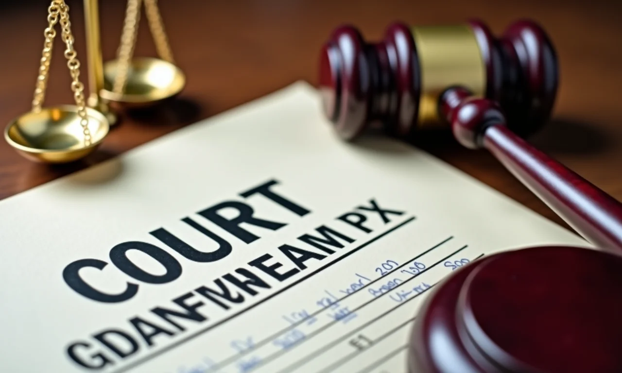 Documento judicial oficial com balança da justiça e um martelo, representando as taxas judiciais.