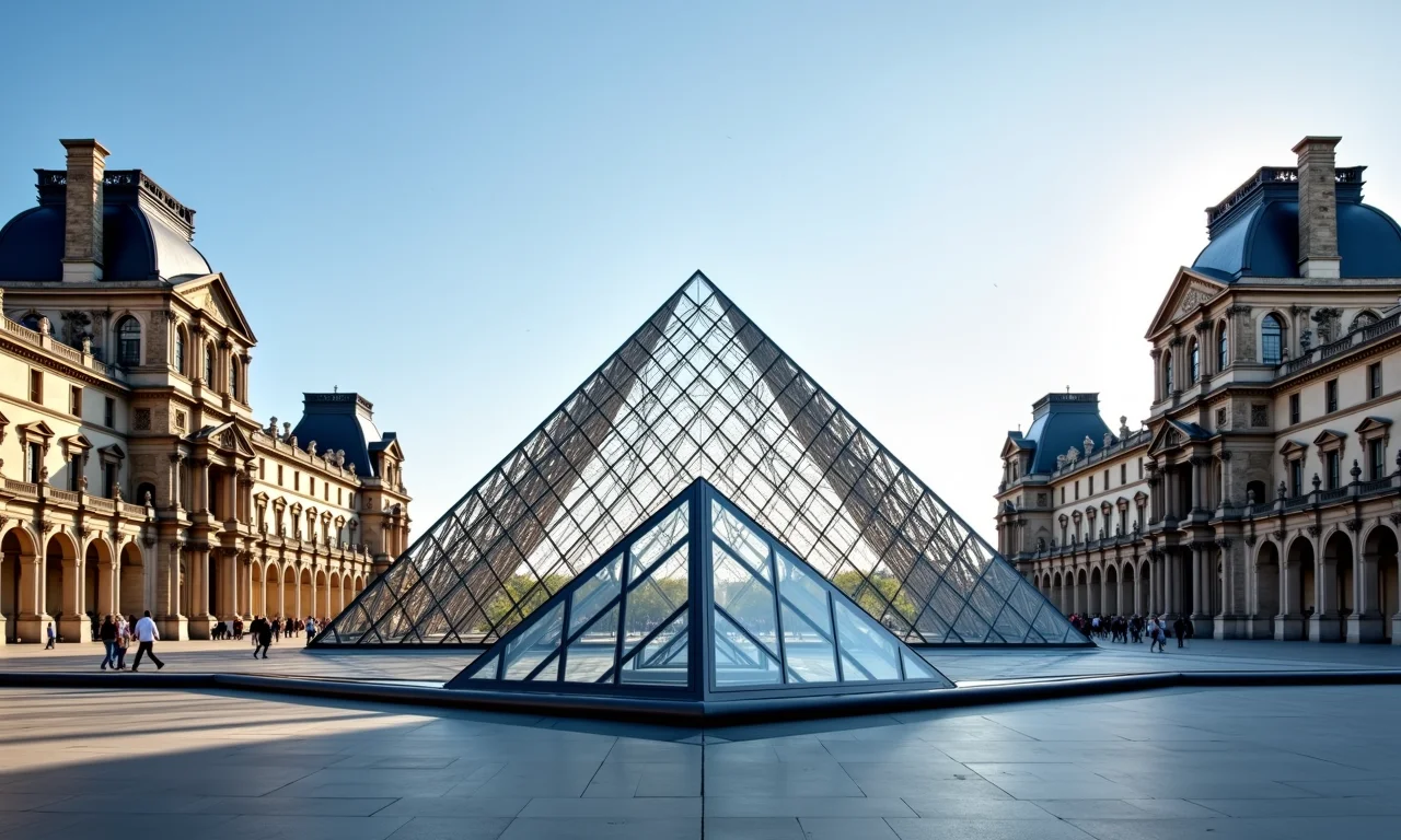 Entrada do Museu do Louvre com a pirâmide de vidro sob um céu claro.