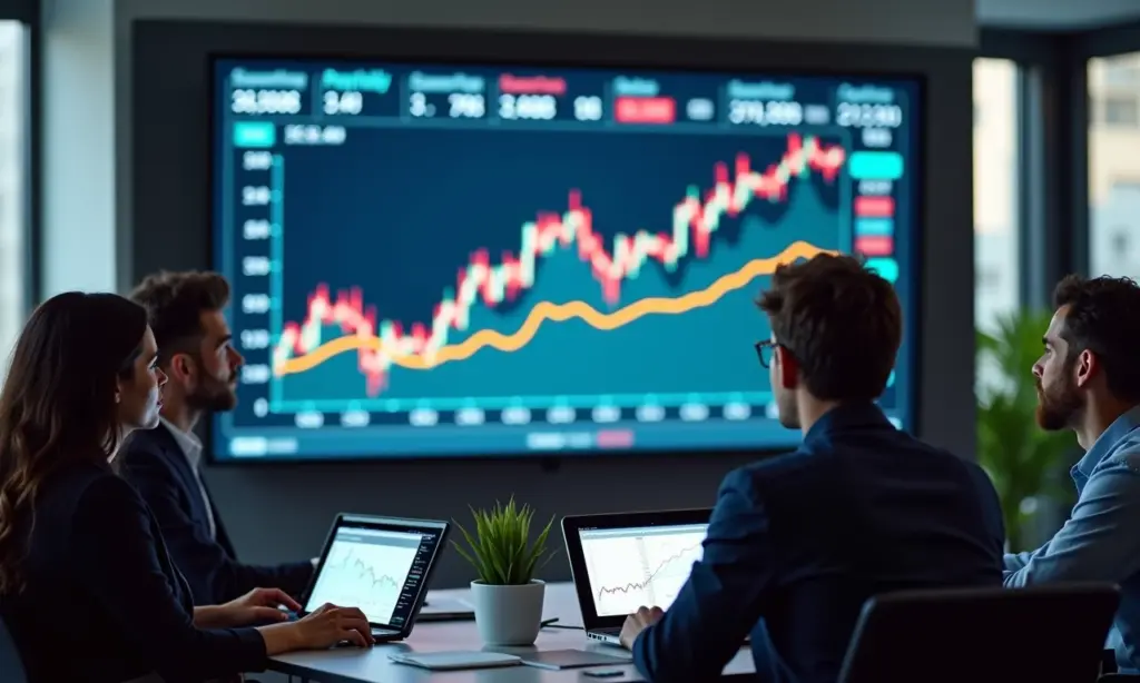 Equipe diversa analisando gráficos de ações para IPO.
