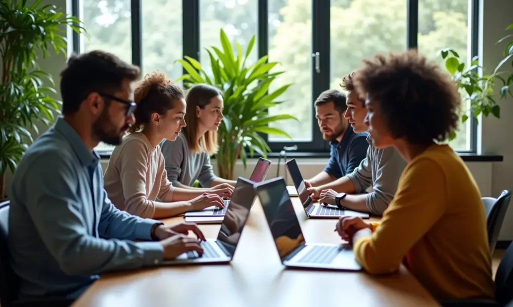Estudantes diversos colaborando em pedagogia EAD, laptops, luz natural, decoração brasileira.