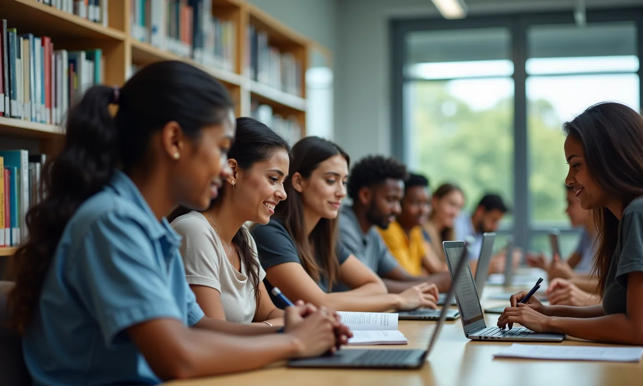 Estudantes diversos em uma biblioteca brasileira moderna, representando os níveis de ensino.