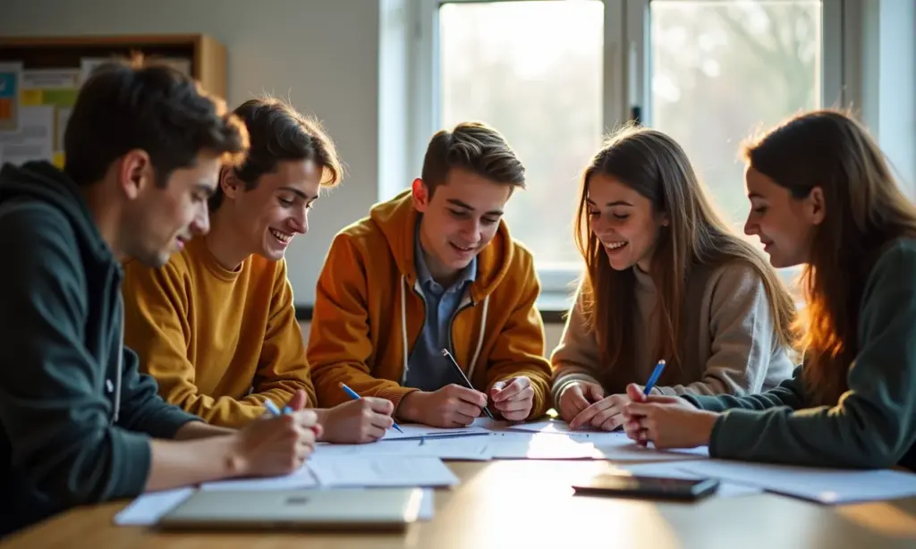 Estudantes do ensino médio trabalhando juntos em sala de aula moderna.