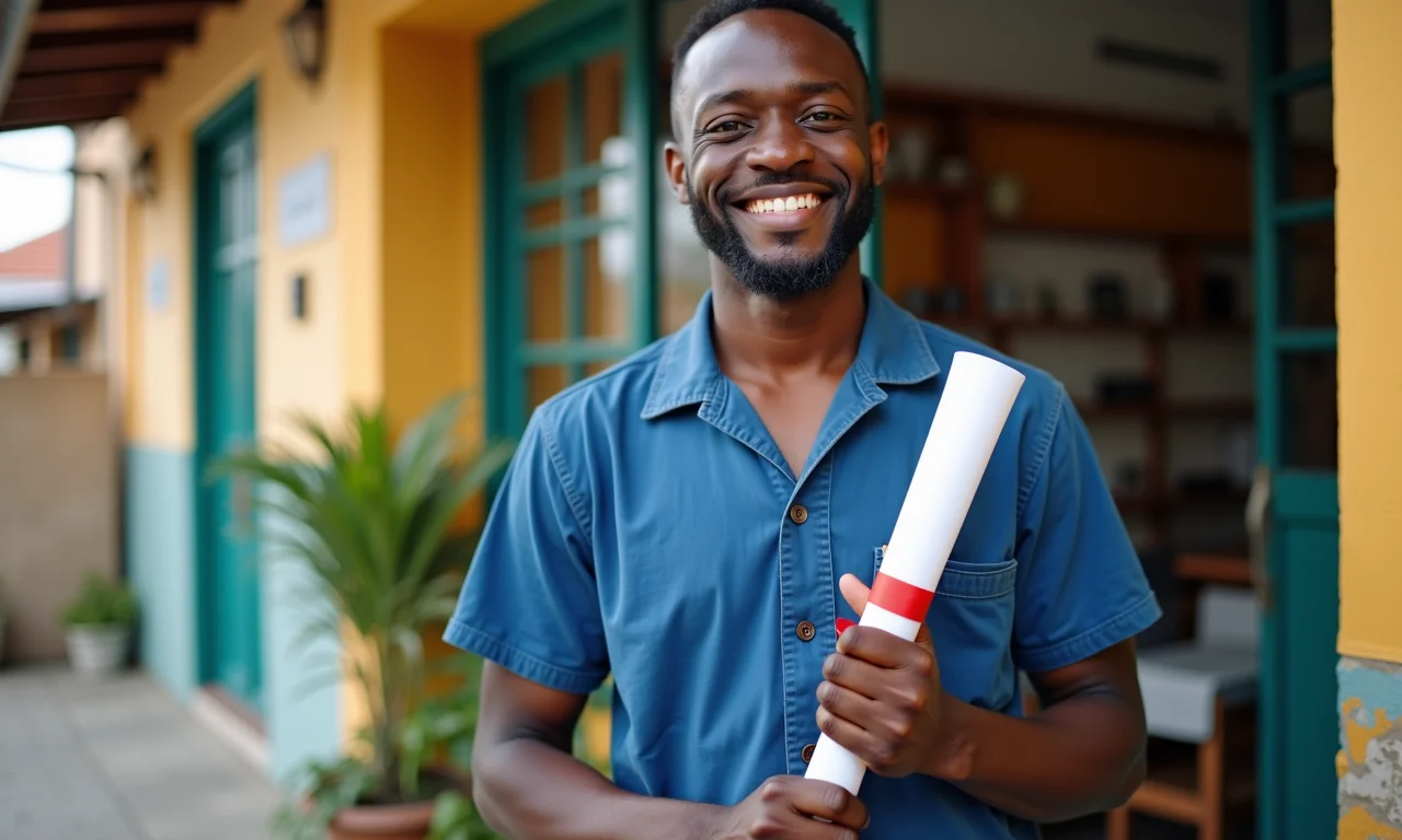 Ex-detento sorrindo com diploma em frente ao seu negócio.