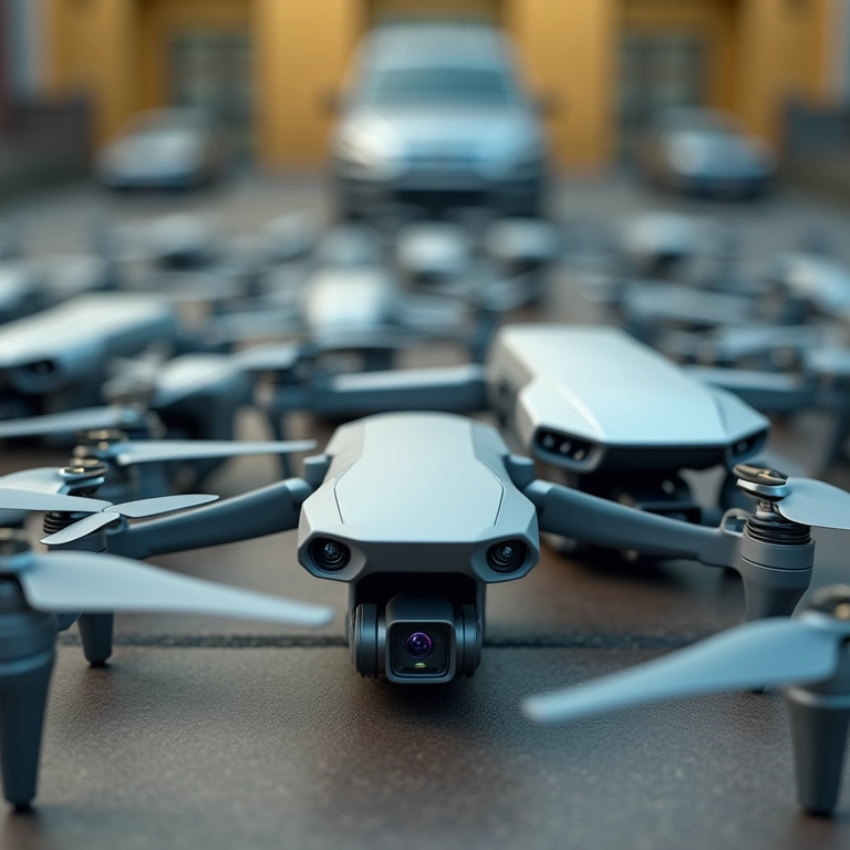 Exposição de diferentes tipos de drones para iniciantes.