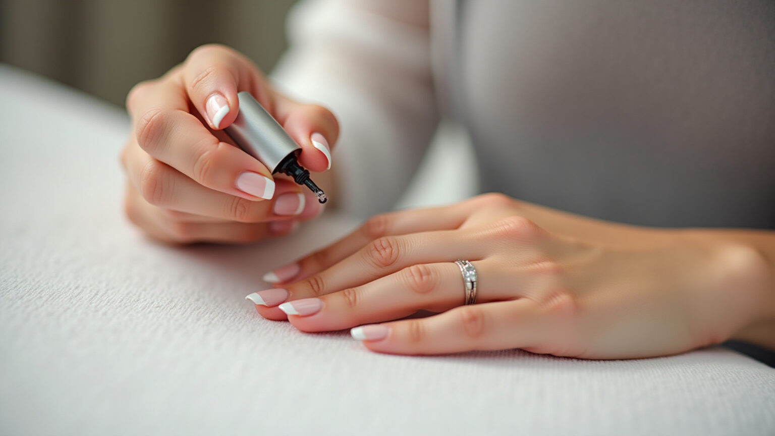Mulher hidratando unhas após remoção de gel.