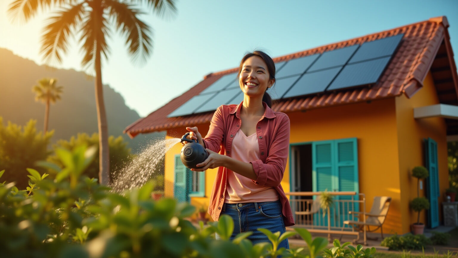 Painéis solares em telhado de casa brasileira, energia solar fotovoltaica.