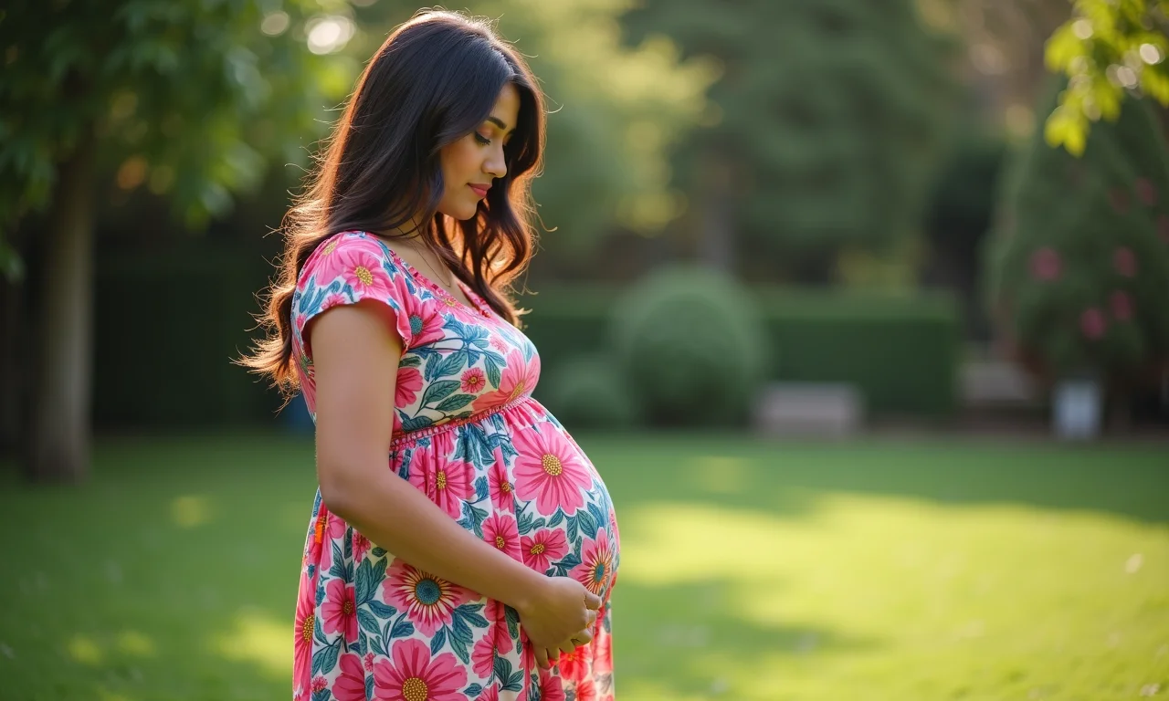 Gestante em jardim, usando vestido maxi floral com estampa vibrante.