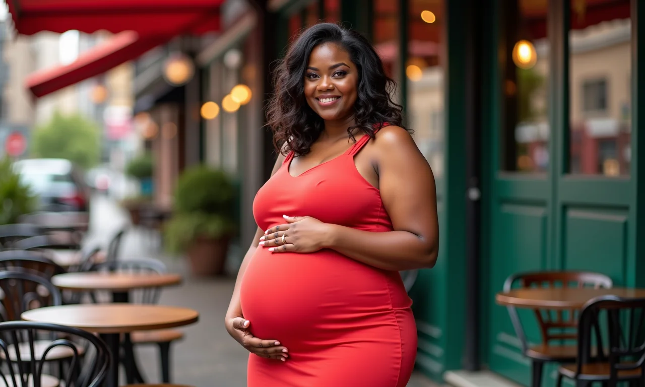 Gestante plus size, usando vestido com corte império, cores vibrantes.
