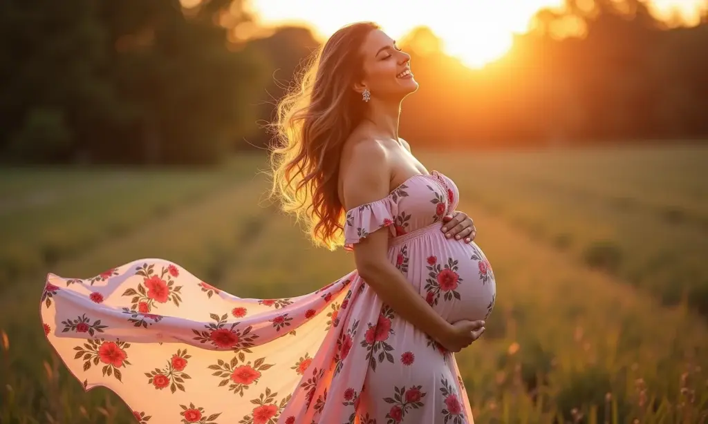 Gestante sorrindo, vestindo vestido floral elegante e confortável.