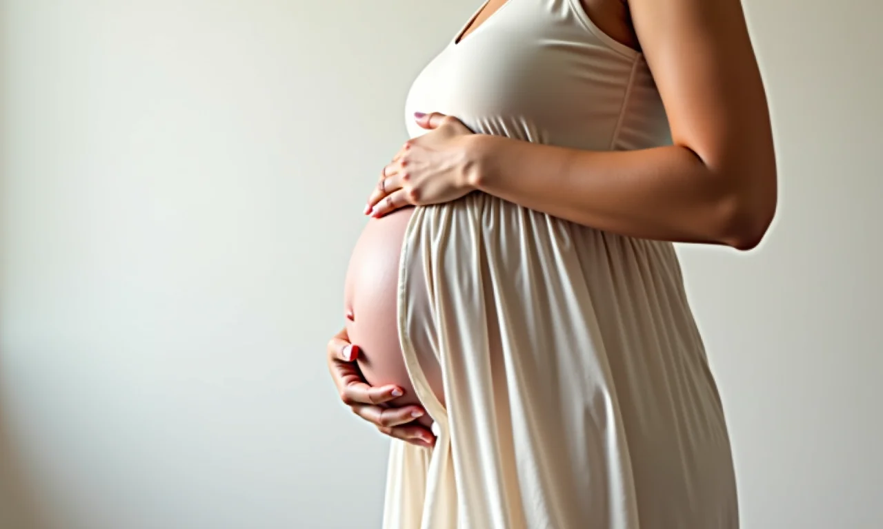 Grávida acariciando a barriga, vestindo um vestido de algodão leve.