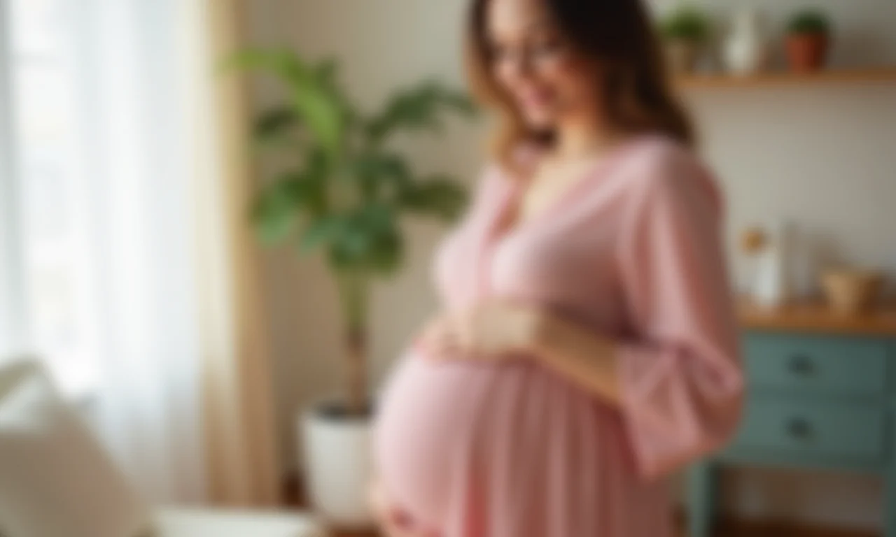 Grávida em casa, usando vestido midi em tons pastel, confortável e elegante.